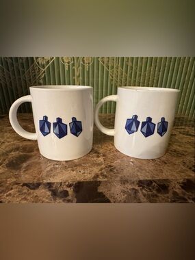 Crate&Barrel White Ceramic Mugs with Blue Geometric Motif - Pair